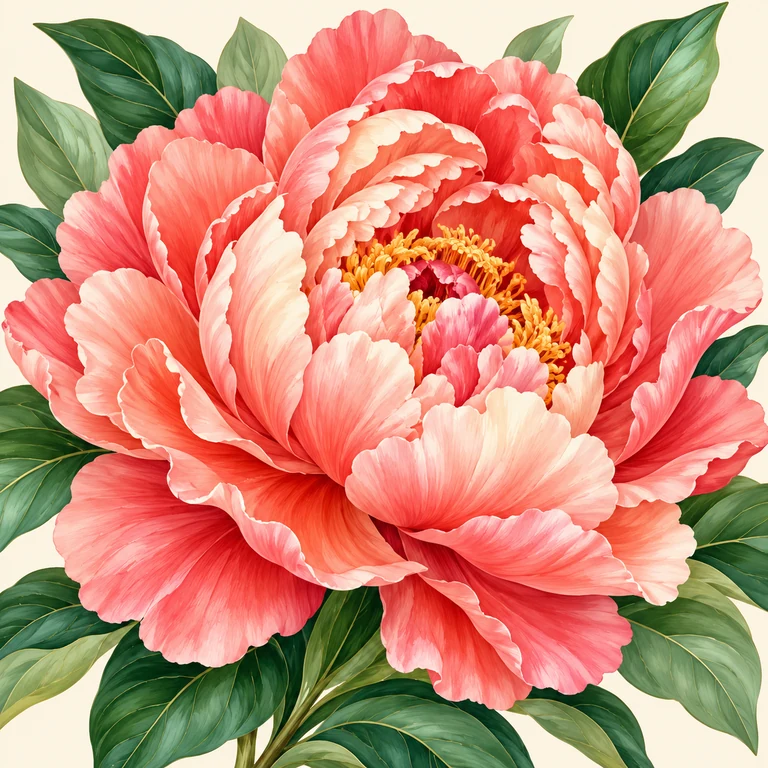 Detailed coral peony with layered pink petals and green leaves